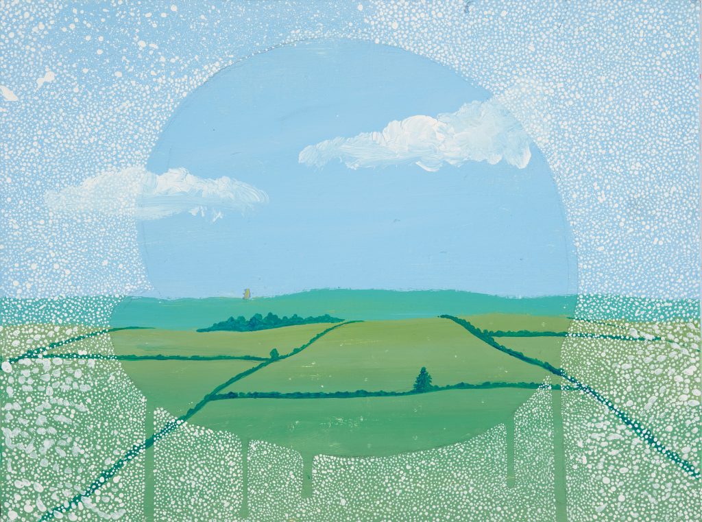 A painting of a green field and blue sky through a steamed-up window