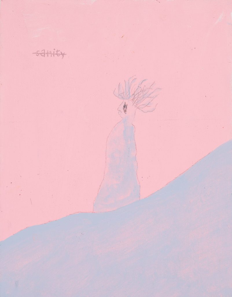 A painting of a blue figure on a blue slope against a pink background. The word 'sanity' is crossed out in the top left hand corner.