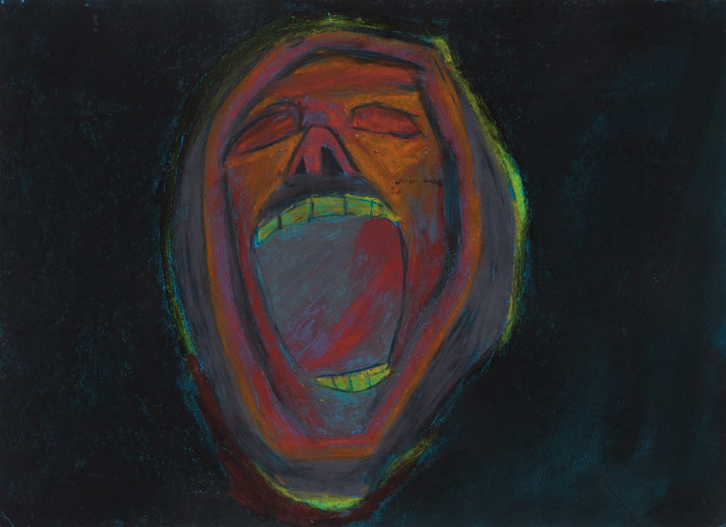 A portrait of an abstract face with a wide open mouth and eyes shut against a black background